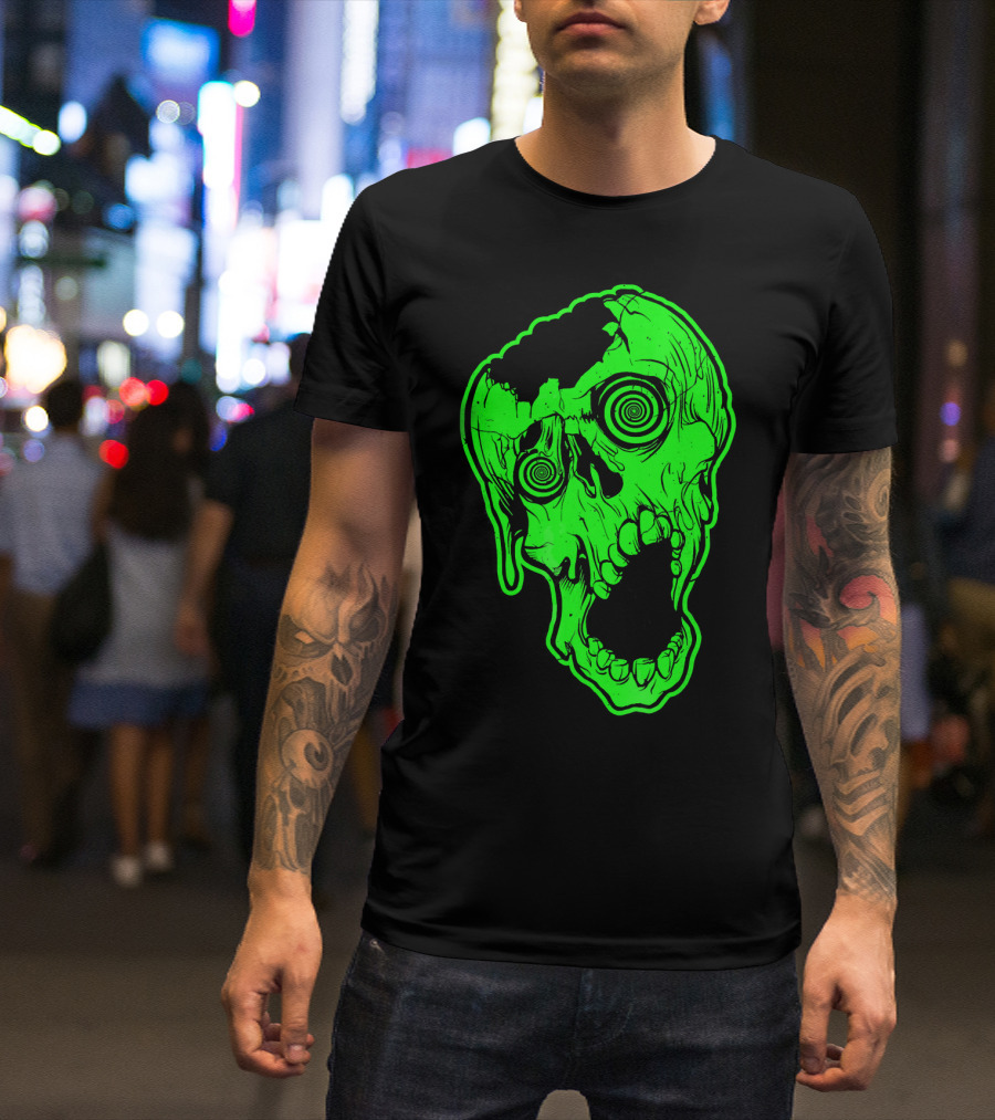 Retro Neon Zombie Skull Skateboarding Style 80s T-Shirt