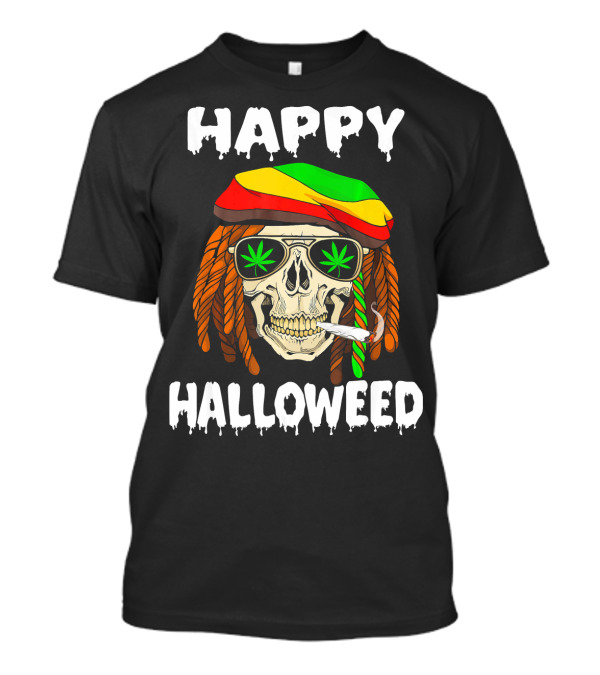 Happy Halloweed Smoking Rasta Skull With Cannabis Sunglasses T-Shirt