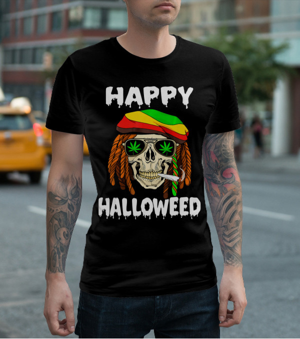 Happy Halloweed Smoking Rasta Skull With Cannabis Sunglasses T-Shirt