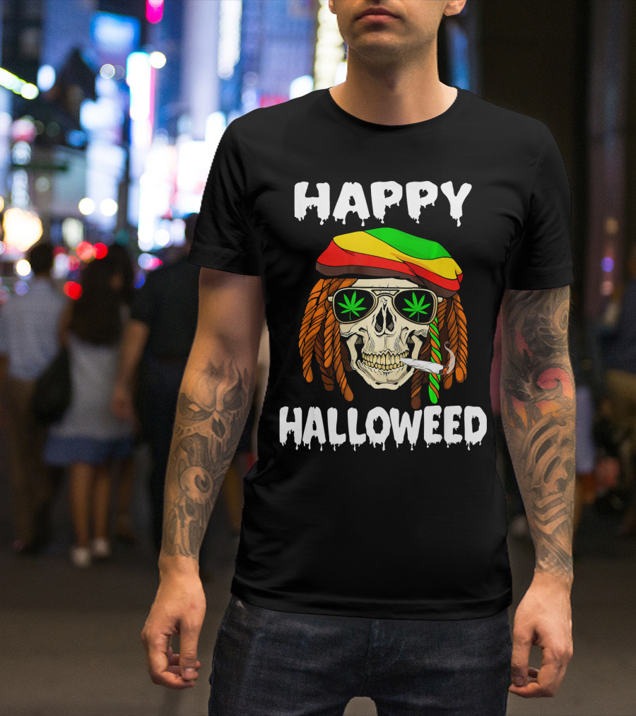 Happy Halloweed Smoking Rasta Skull With Cannabis Sunglasses T-Shirt