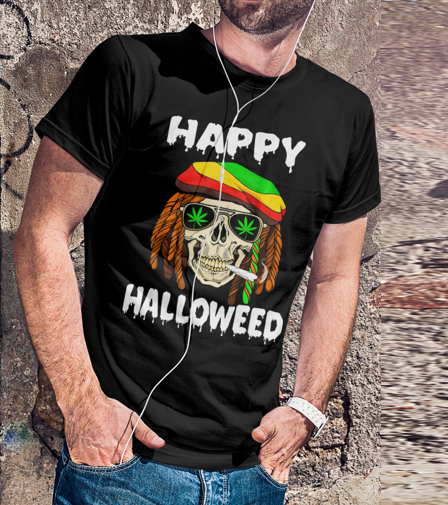 Happy Halloweed Smoking Rasta Skull With Cannabis Sunglasses T-Shirt