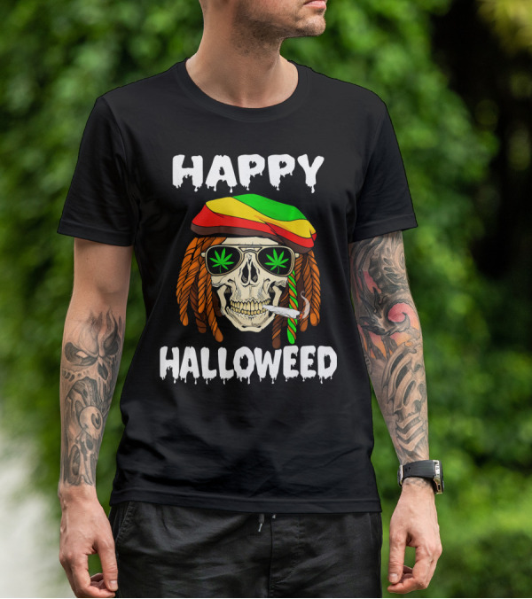 Happy Halloweed Smoking Rasta Skull With Cannabis Sunglasses T-Shirt