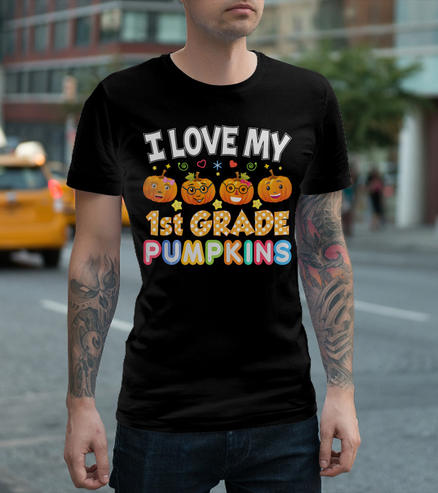 I Love My 1st Grade Pumpkins Halloween Emojis and Stars T-Shirt