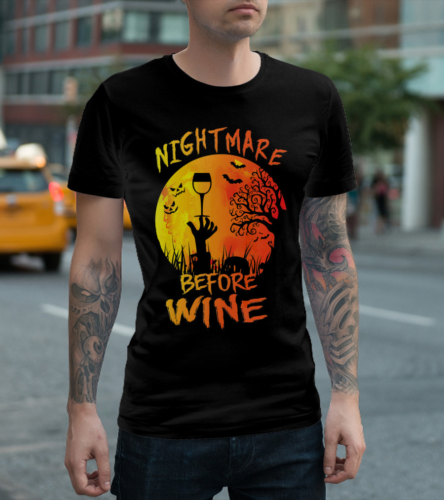 Nightmare Before Wine Halloween Scary Moon Scene T-Shirt