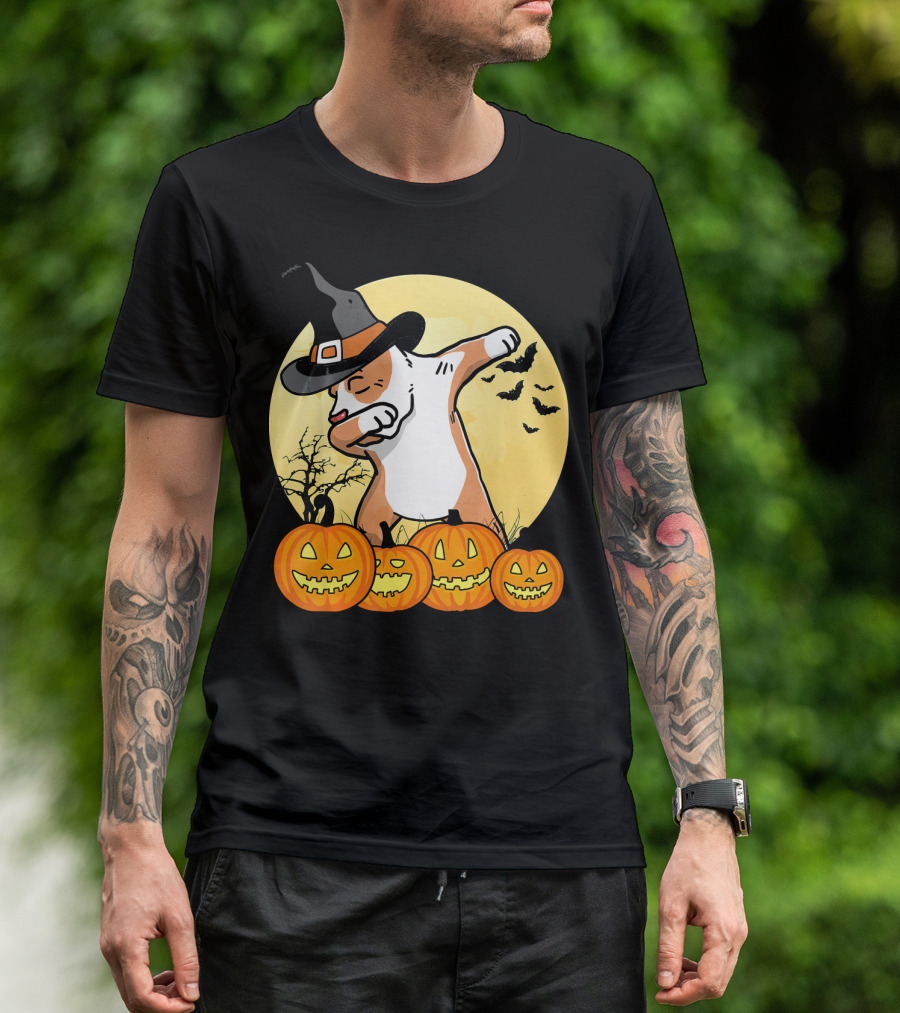 Dabbing Pit Bull Halloween Witch Hat Pumpkins Bats Dance Funny Dog T-Shirt