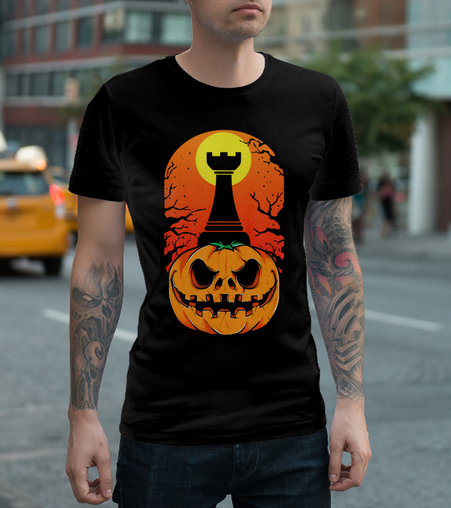 Spooky Rook Pumpkin Halloween Chess Tower Moon T-Shirt