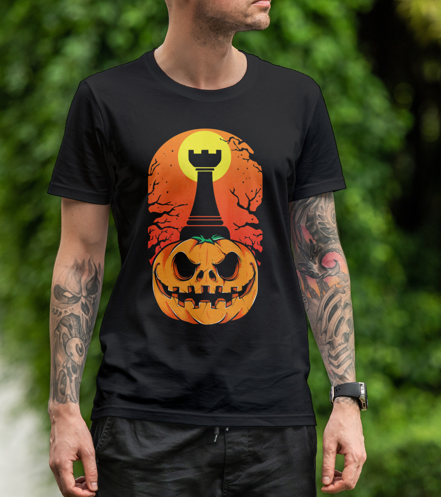 Spooky Rook Pumpkin Halloween Chess Tower Moon T-Shirt