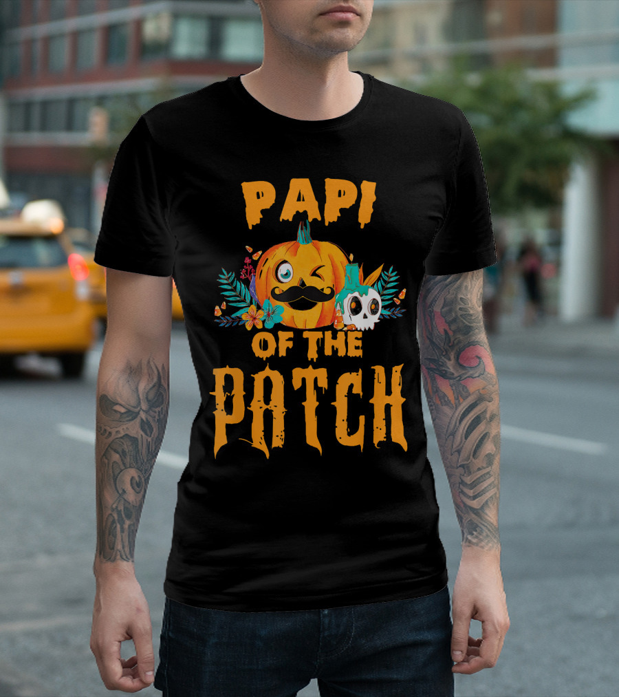 Papi of the Patch Pumpkin Winking Mustache Skull Flowers T-Shirt