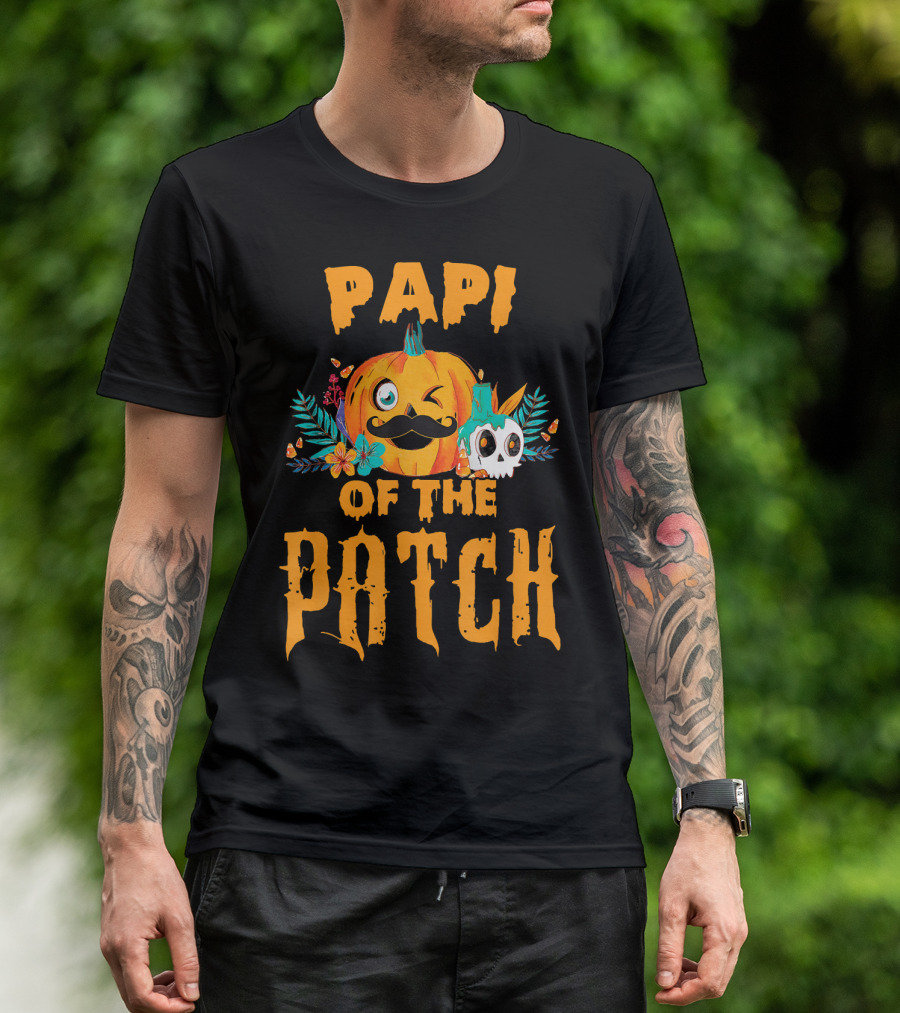 Papi Of The Patch Pumpkin Winking Mustache Skull Flowers T-Shirt