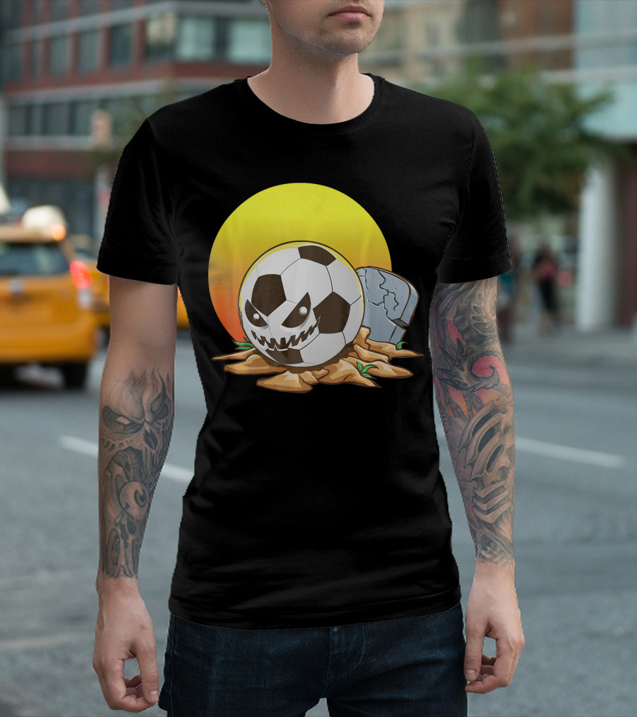 Soccer Halloween Goal with Spooky Jack-O'-Lantern Face and Graveyard Scene T-Shirt