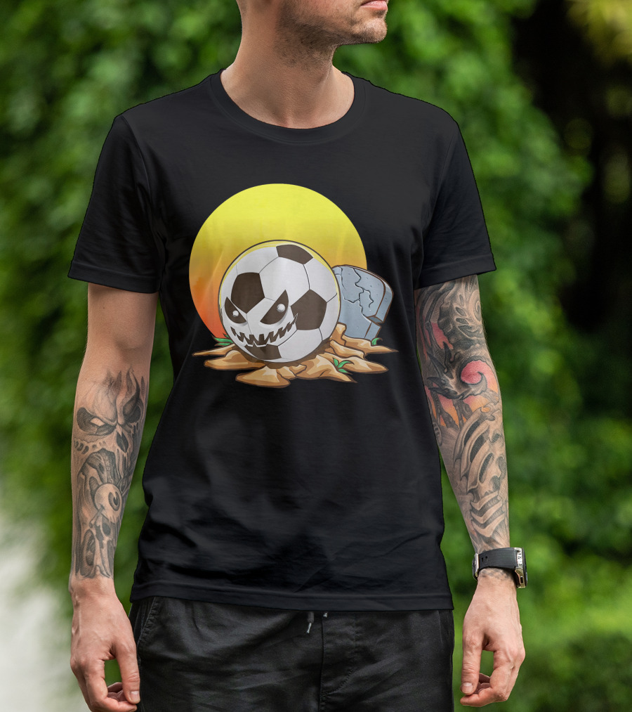 Soccer Halloween Goal With Spooky Jack-O'-Lantern Face And Graveyard Scene T-Shirt