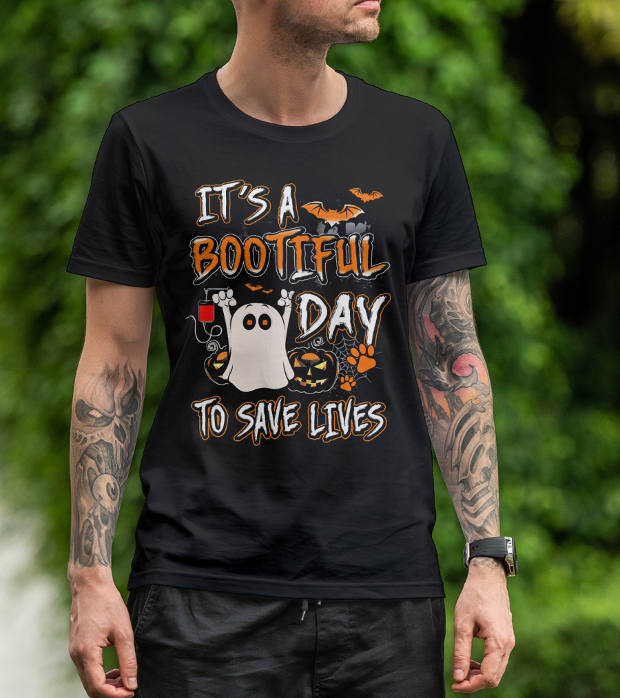 It's A Bootiful Day To Save Lives Bat Ghost Paw Pumpkin T-Shirt