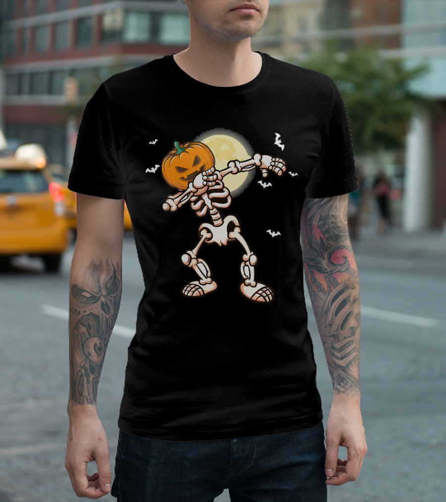Skeleton Dabbing with Pumpkin Head and Bats T-Shirt