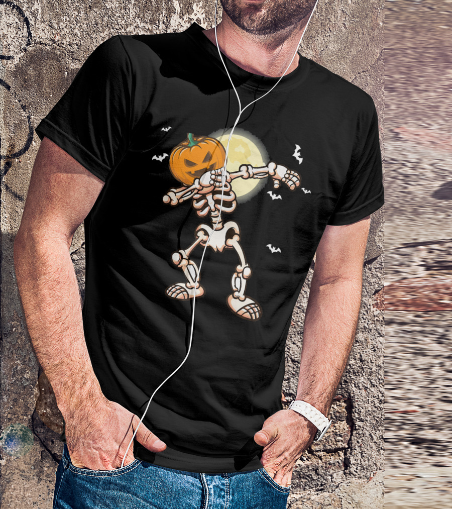 Skeleton Dabbing With Pumpkin Head And Bats T-Shirt