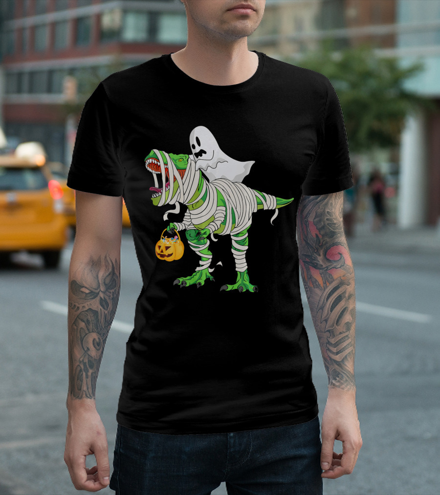 Ghost Mummy Riding T-Rex Trick or Treat T-Shirt