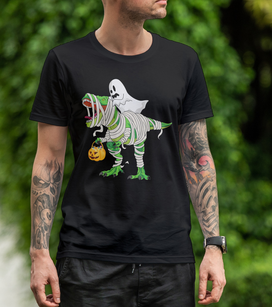 Ghost Mummy Riding T-Rex Trick Or Treat T-Shirt
