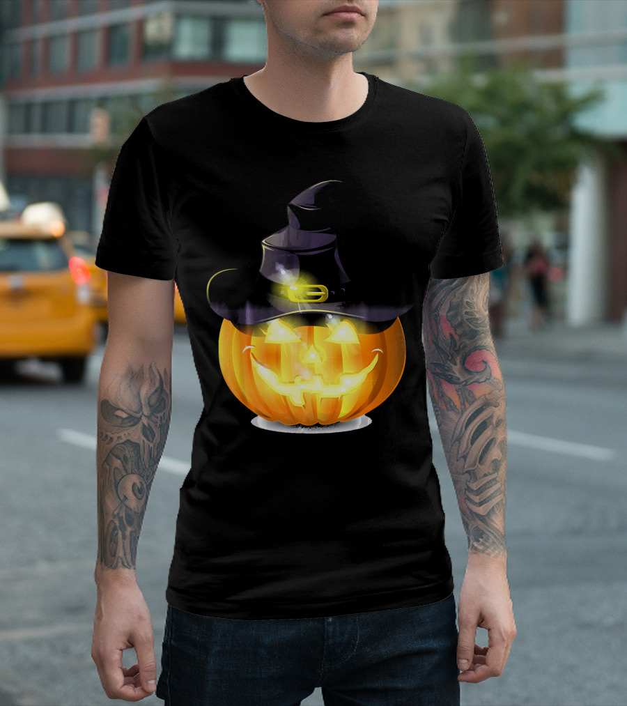 Halloween Horror Pumpkin Witch Hat Glowing Face T-Shirt