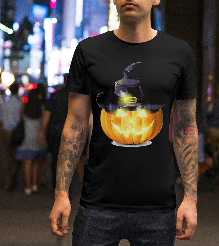 Halloween Horror Pumpkin Witch Hat Glowing Face T-Shirt
