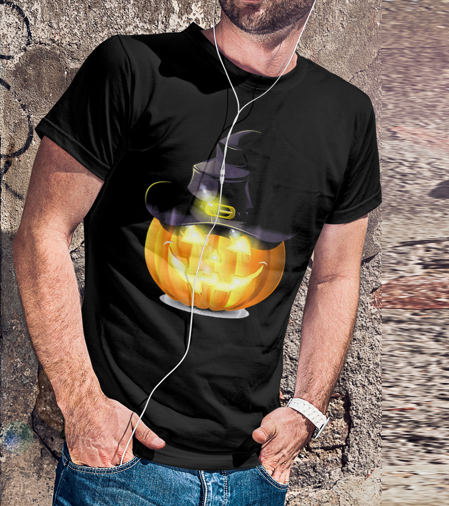 Halloween Horror Pumpkin Witch Hat Glowing Face T-Shirt