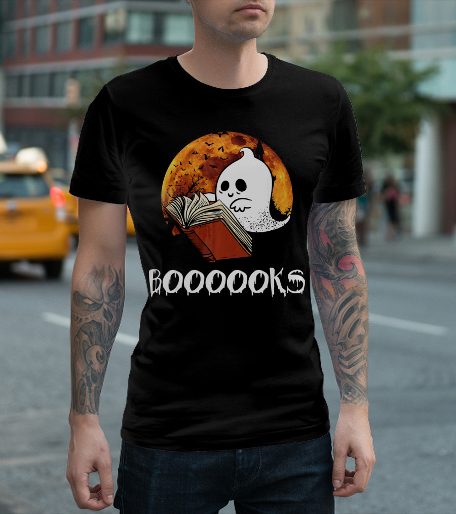 Booooooks Boo Reading Books Hall Ghost with Open Book and Moon Bats T-Shirt