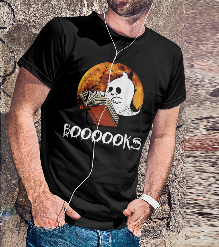 Booooooks Boo Reading Books Hall Ghost With Open Book And Moon Bats T-Shirt