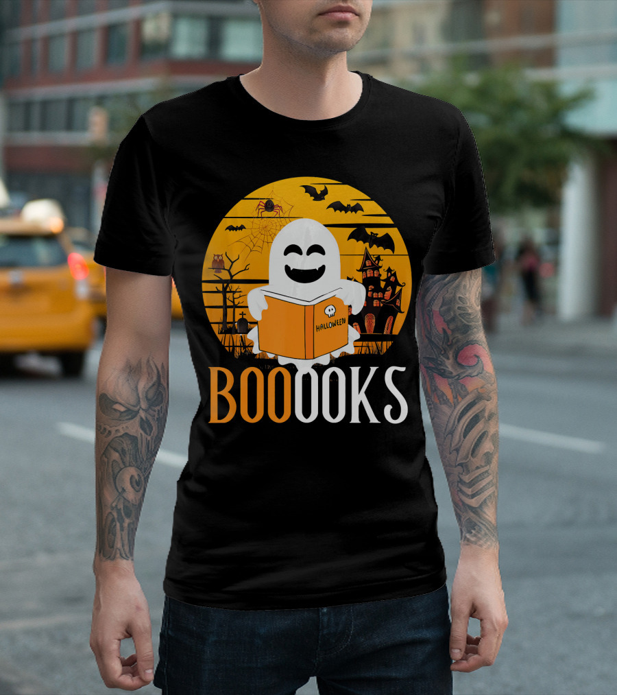 Halloween Ghost Reading Booooks in Spooky Setting with Funny Teacher T-Shirt