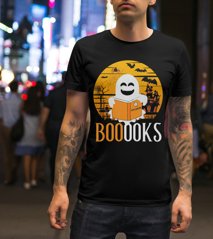 Halloween Ghost Reading Booooks In Spooky Setting With Funny Teacher T-Shirt