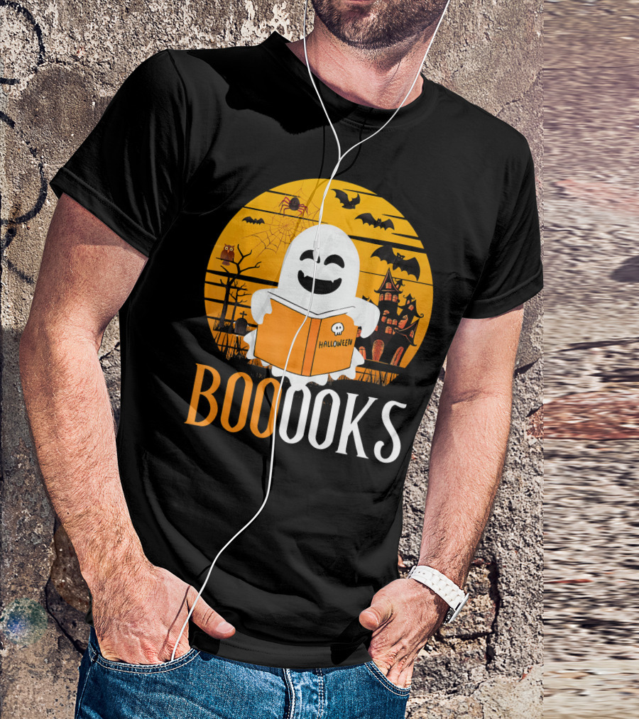 Halloween Ghost Reading Booooks In Spooky Setting With Funny Teacher T-Shirt
