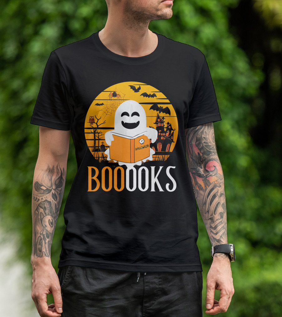 Halloween Ghost Reading Booooks In Spooky Setting With Funny Teacher T-Shirt
