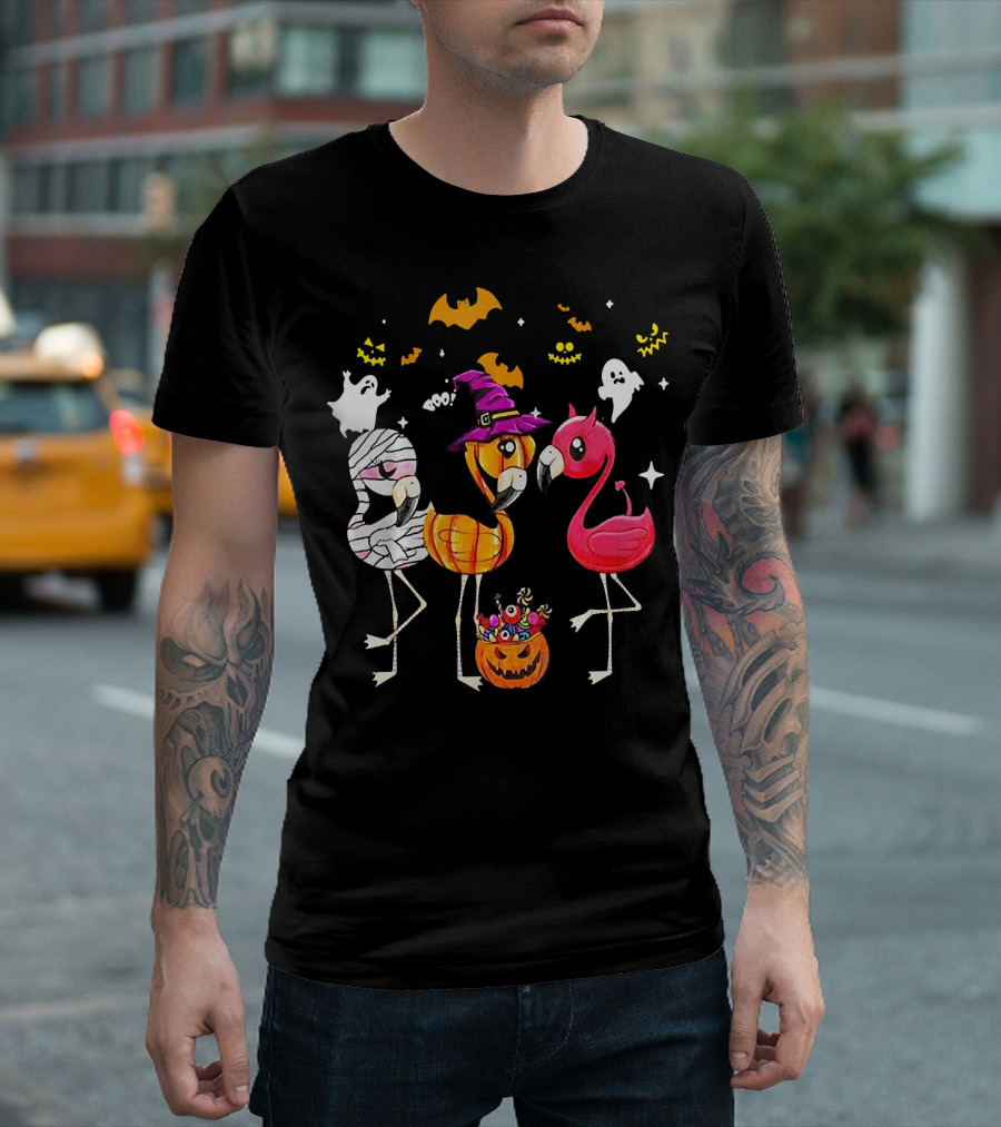 Flamingo Halloween Candy Witch Ghost Bats Pumpkin T-Shirt