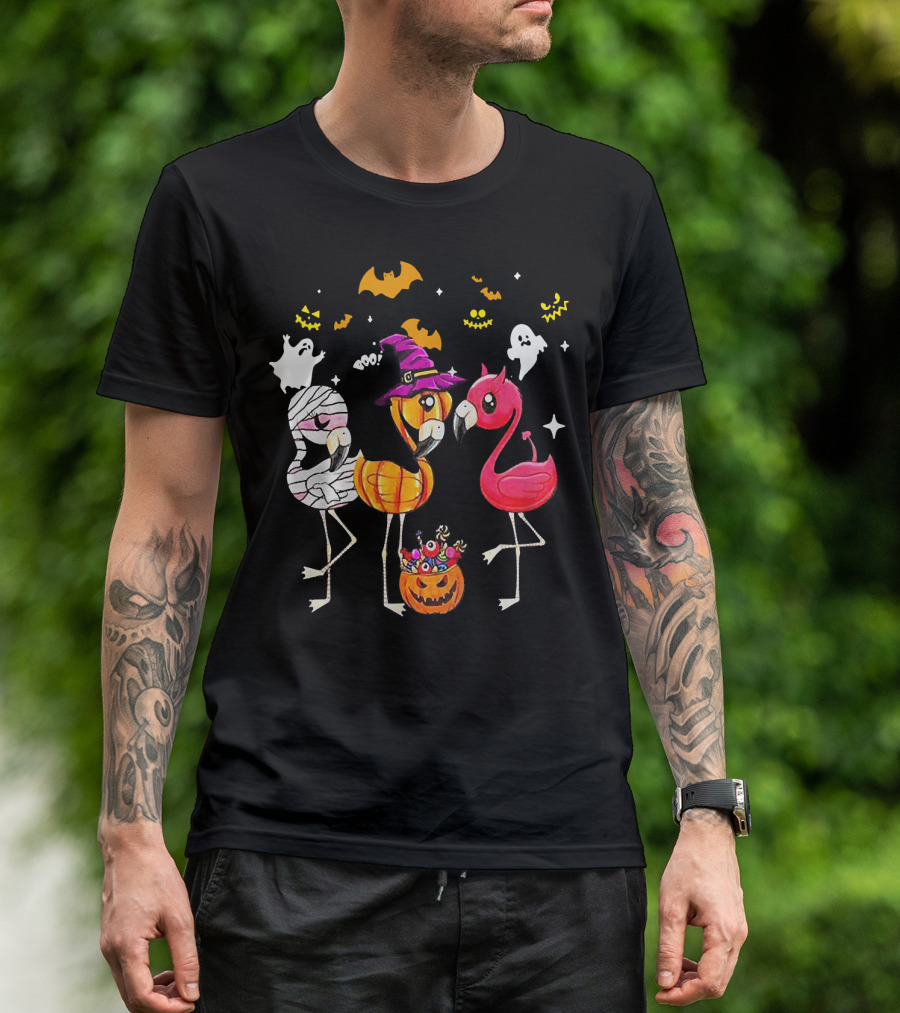 Flamingo Halloween Candy Witch Ghost Bats Pumpkin T-Shirt