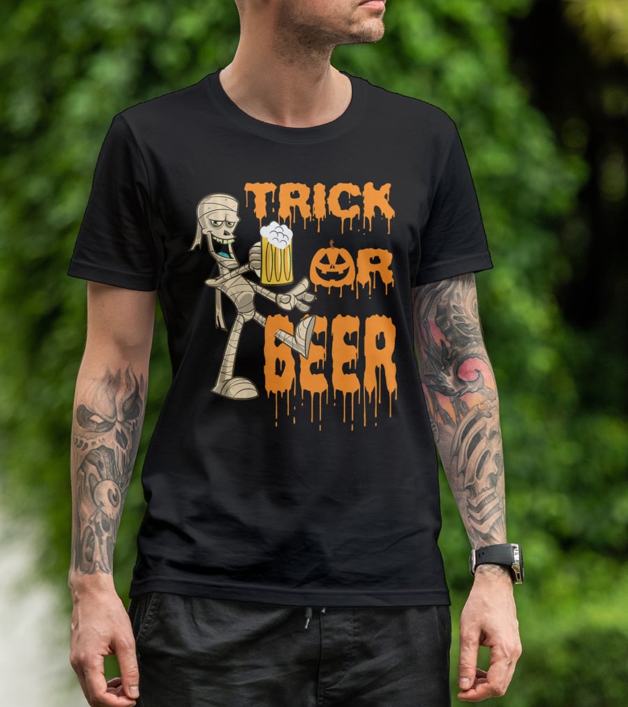 Trick Or Beer Mummy With Pumpkin And Mug T-Shirt