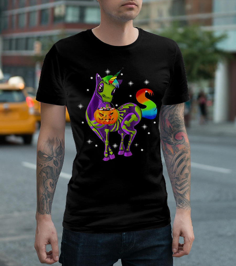 Unicorn Skeleton Pumpkin Rainbow Halloween Magic T-Shirt