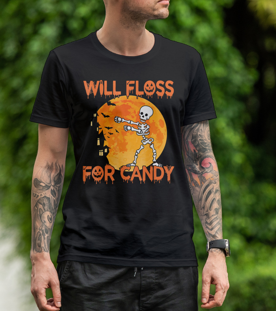 Will Floss For Candy Dancing Skeleton Halloween Moon Bats T-Shirt