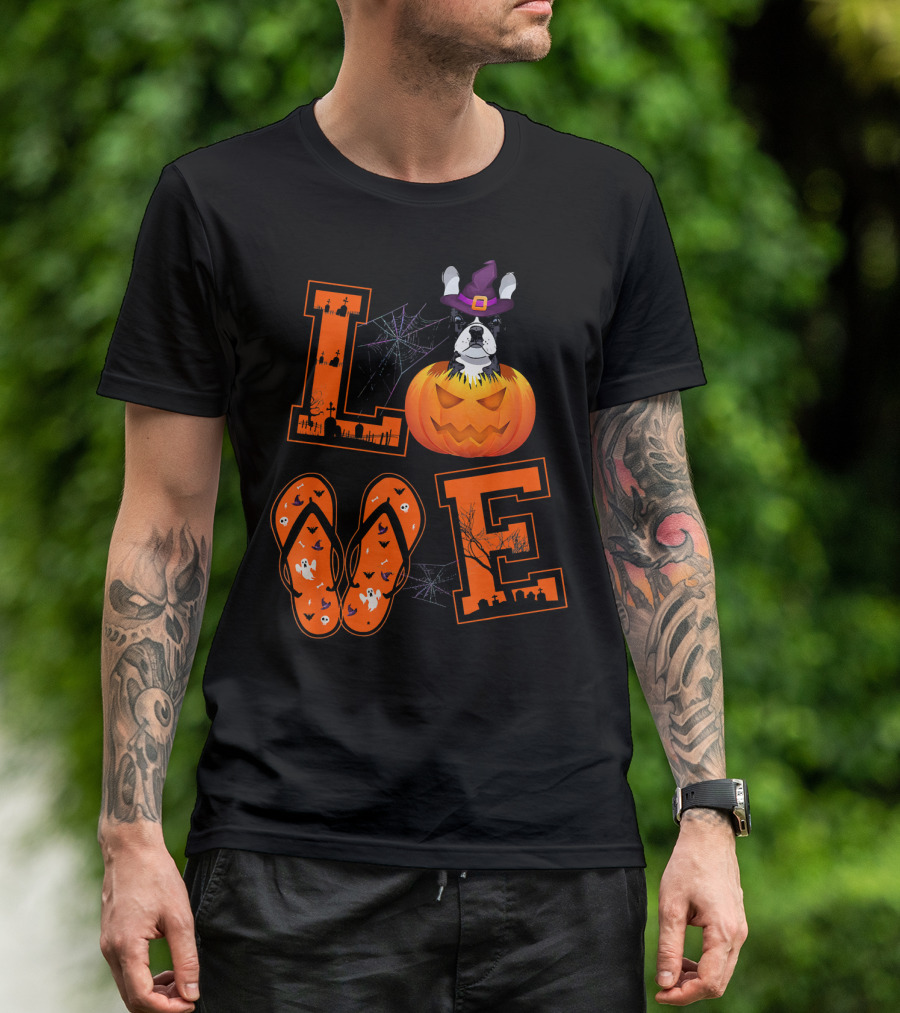 LOVE French Bulldog Pumpkin Halloween Ghosts Spider Webs T-Shirt