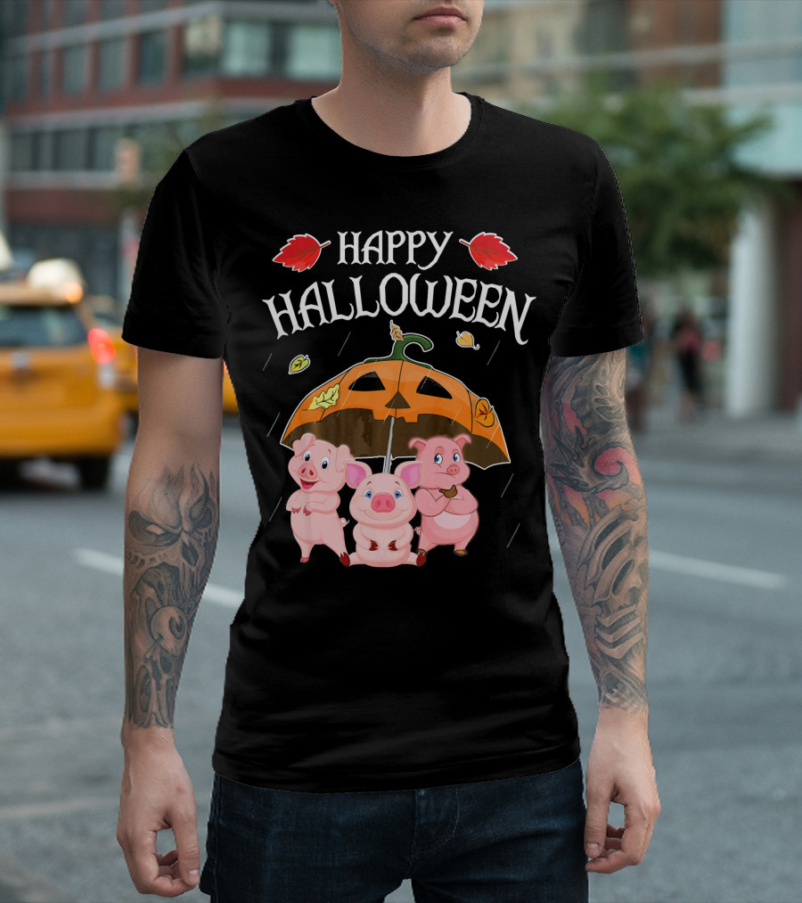 Happy Halloween Pigs Under Jack-o'-Lantern Umbrella T-Shirt