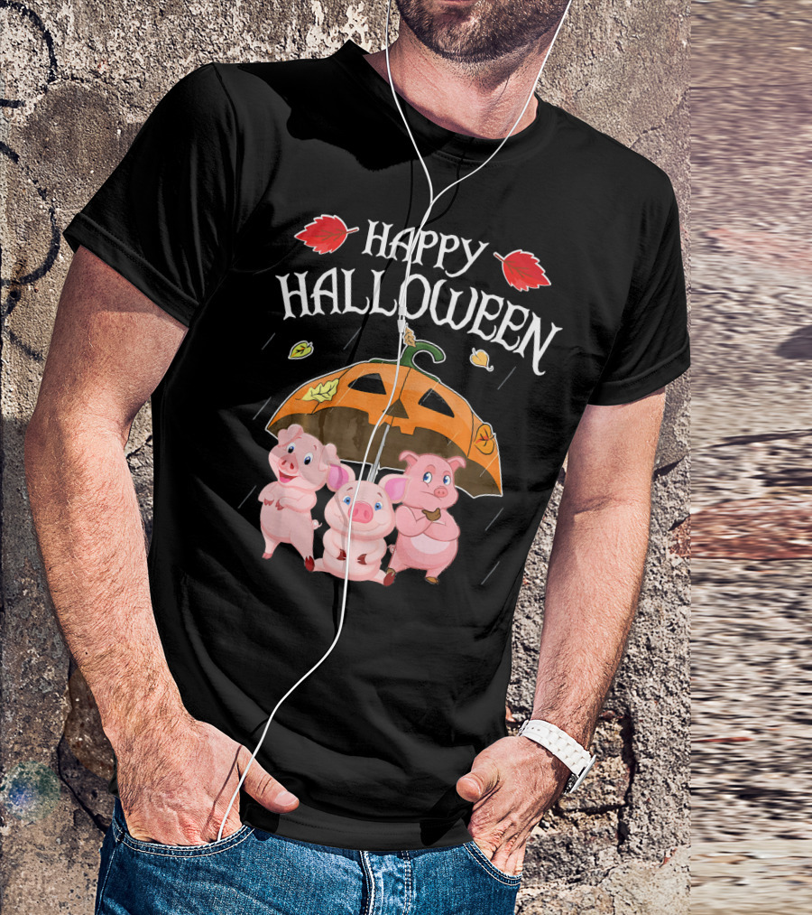 Happy Halloween Pigs Under Jack-o'-Lantern Umbrella T-Shirt