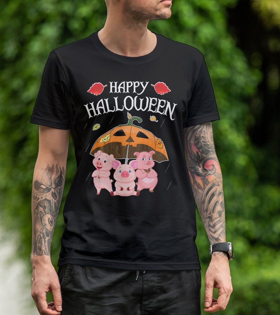 Happy Halloween Pigs Under Jack-o'-Lantern Umbrella T-Shirt
