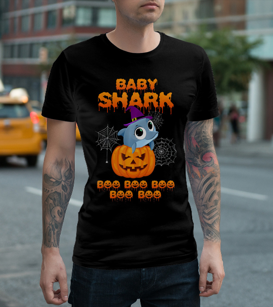 Baby Shark Halloween Boo Boo Boo Pumpkin Witch Hat Spider Webs T-Shirt