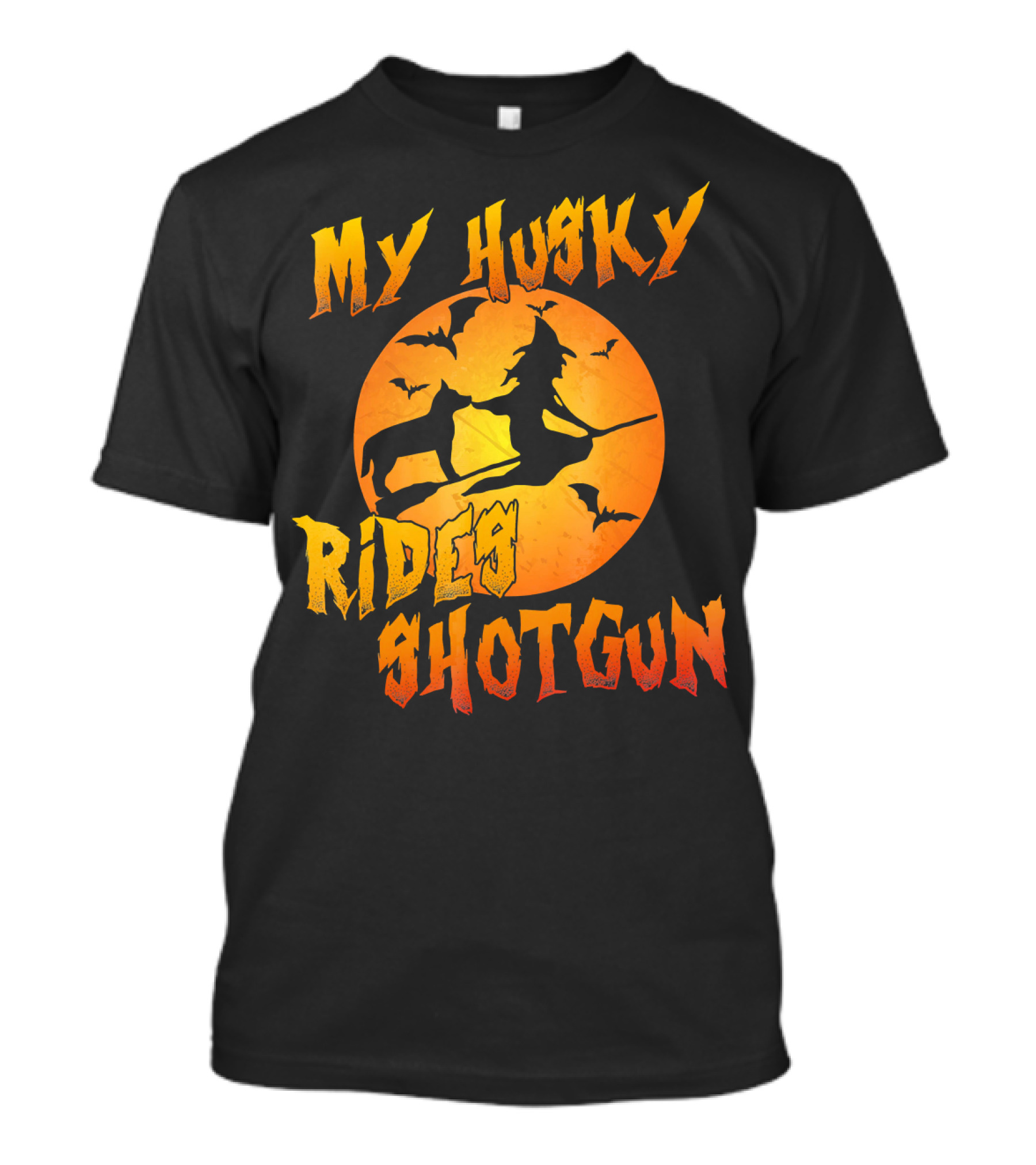 My Husky Rides Shotgun Halloween Witch Moon Bats T-Shirt