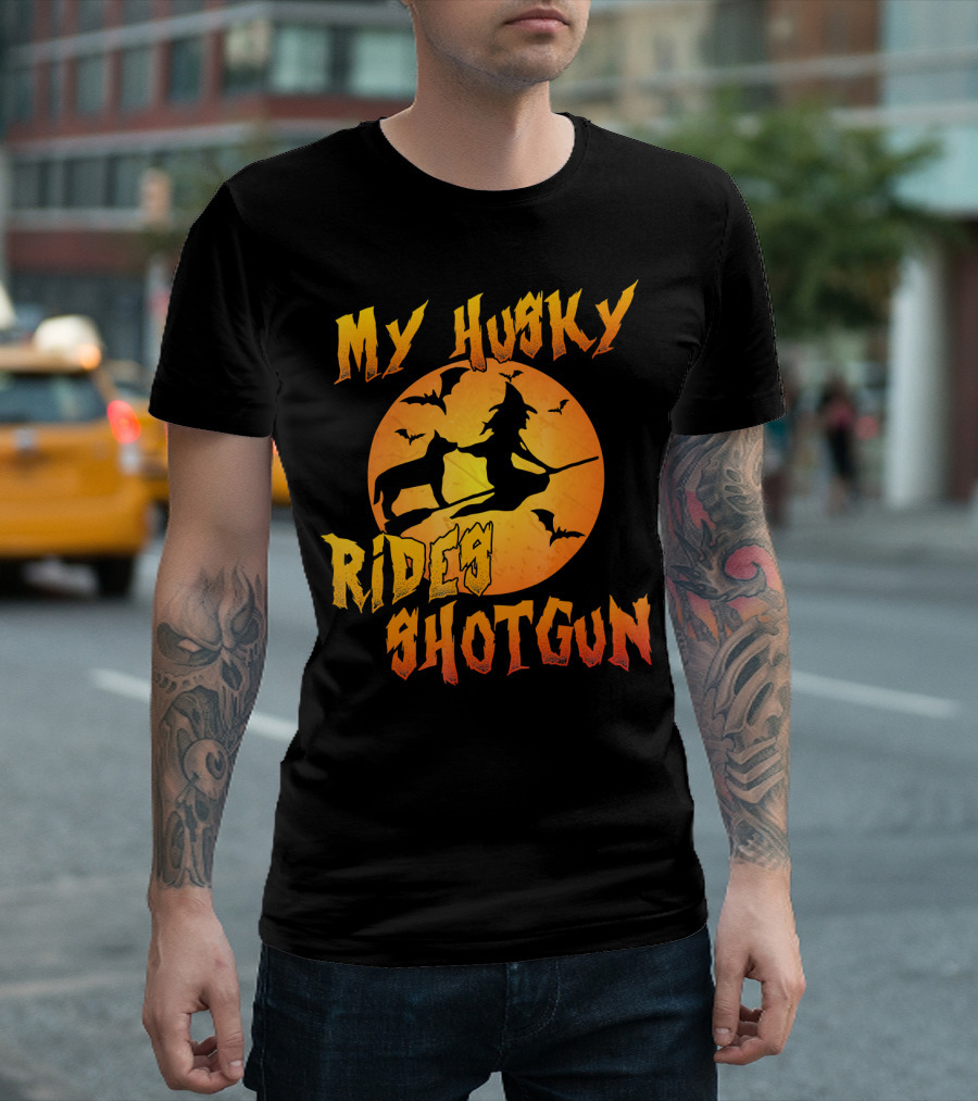 My Husky Rides Shotgun Halloween Witch Moon Bats T-Shirt