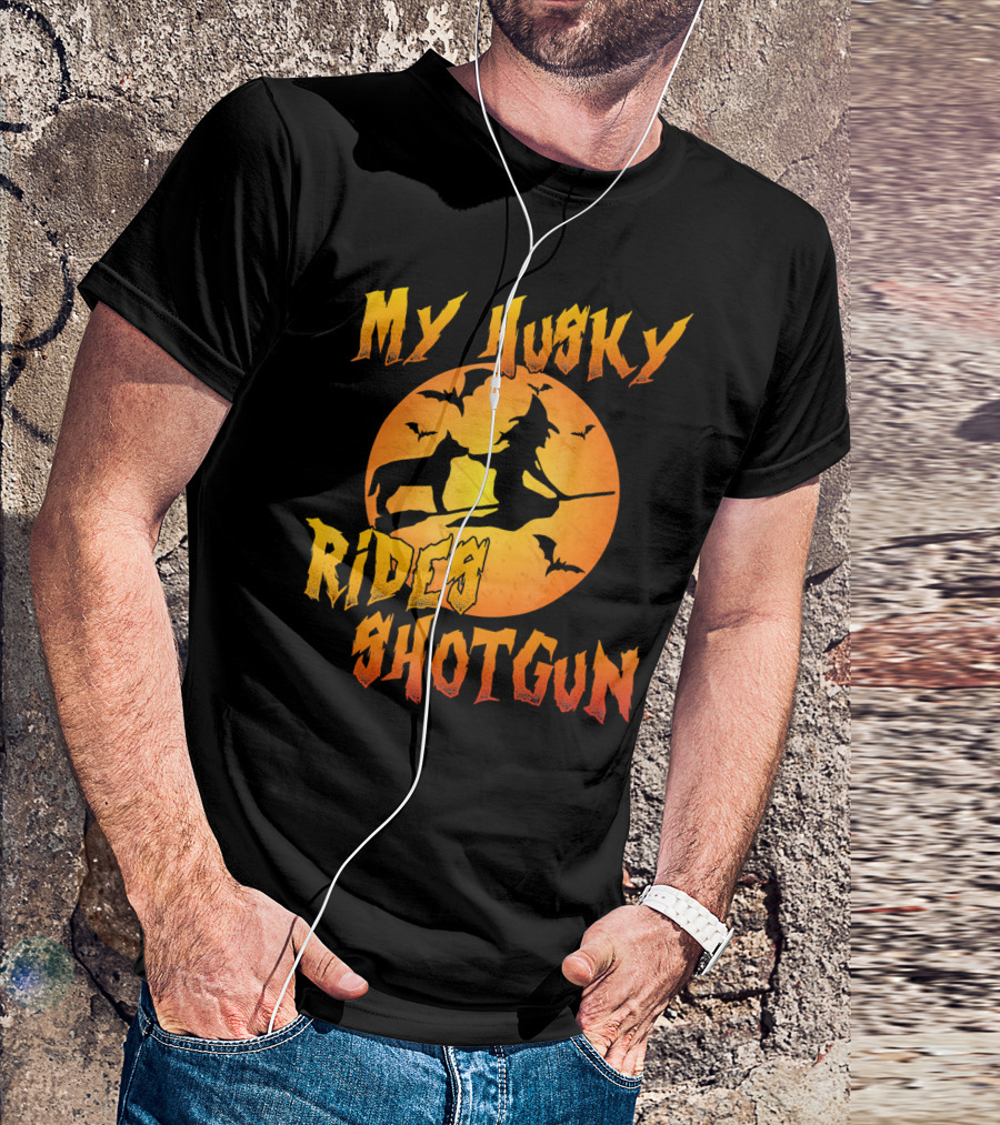 My Husky Rides Shotgun Halloween Witch Moon Bats T-Shirt