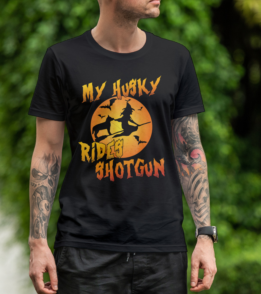 My Husky Rides Shotgun Halloween Witch Moon Bats T-Shirt