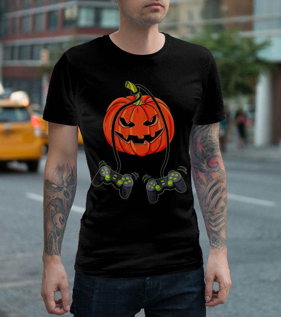 Jack O Lantern with Dual Video Game Controllers T-Shirt