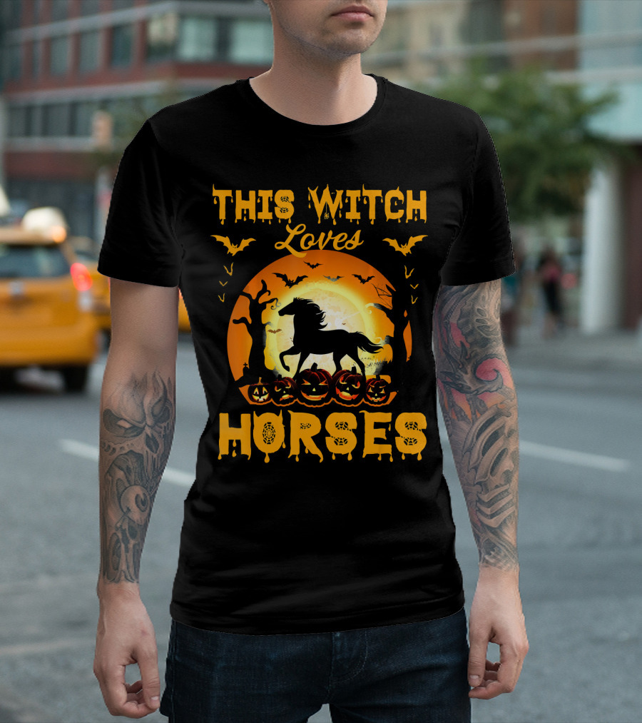 This Witch Loves Horses Halloween Moon and Pumpkins T-Shirt