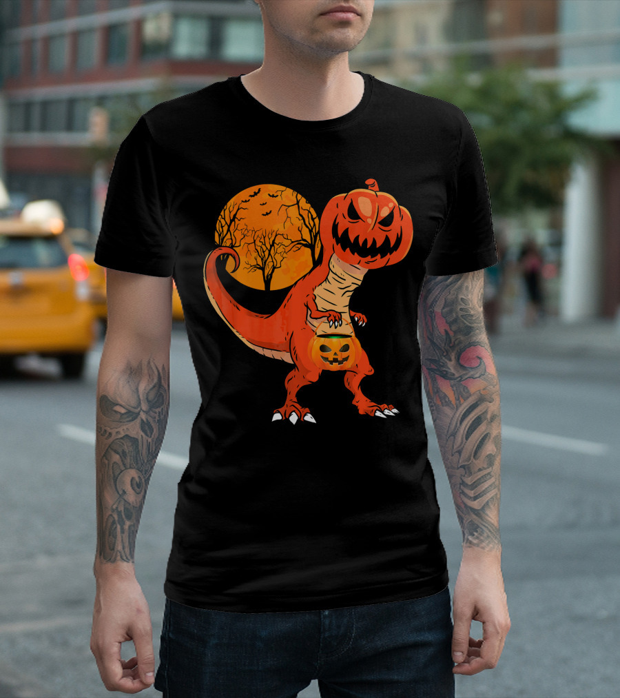 Funny Halloween Dinosaur Pumpkin Head Tree Shadow T-Shirt