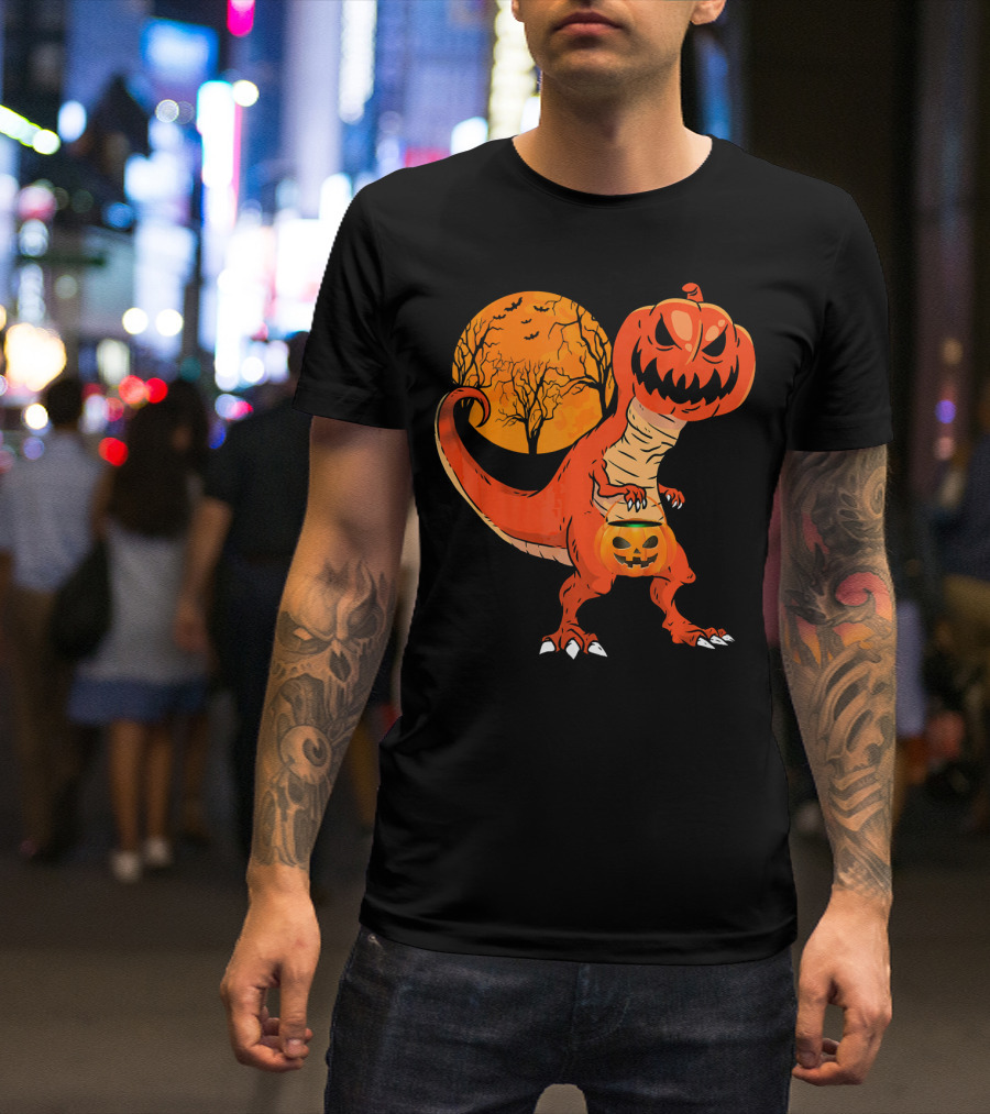 Funny Halloween Dinosaur Pumpkin Head Tree Shadow T-Shirt