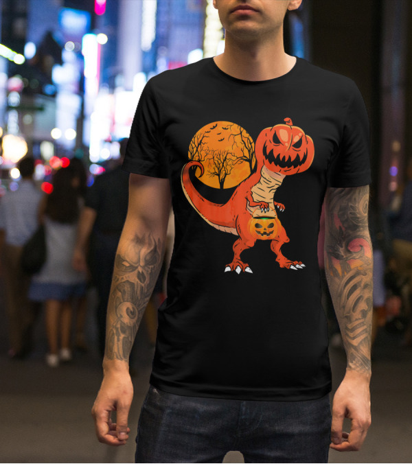 Funny Halloween Dinosaur Pumpkin Head Tree Shadow T-Shirt