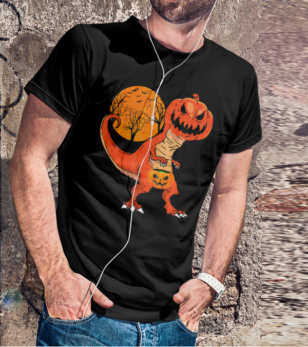 Funny Halloween Dinosaur Pumpkin Head Tree Shadow T-Shirt
