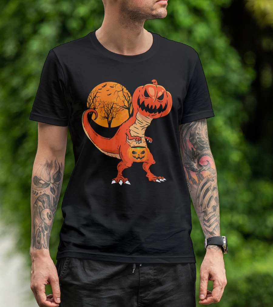 Funny Halloween Dinosaur Pumpkin Head Tree Shadow T-Shirt